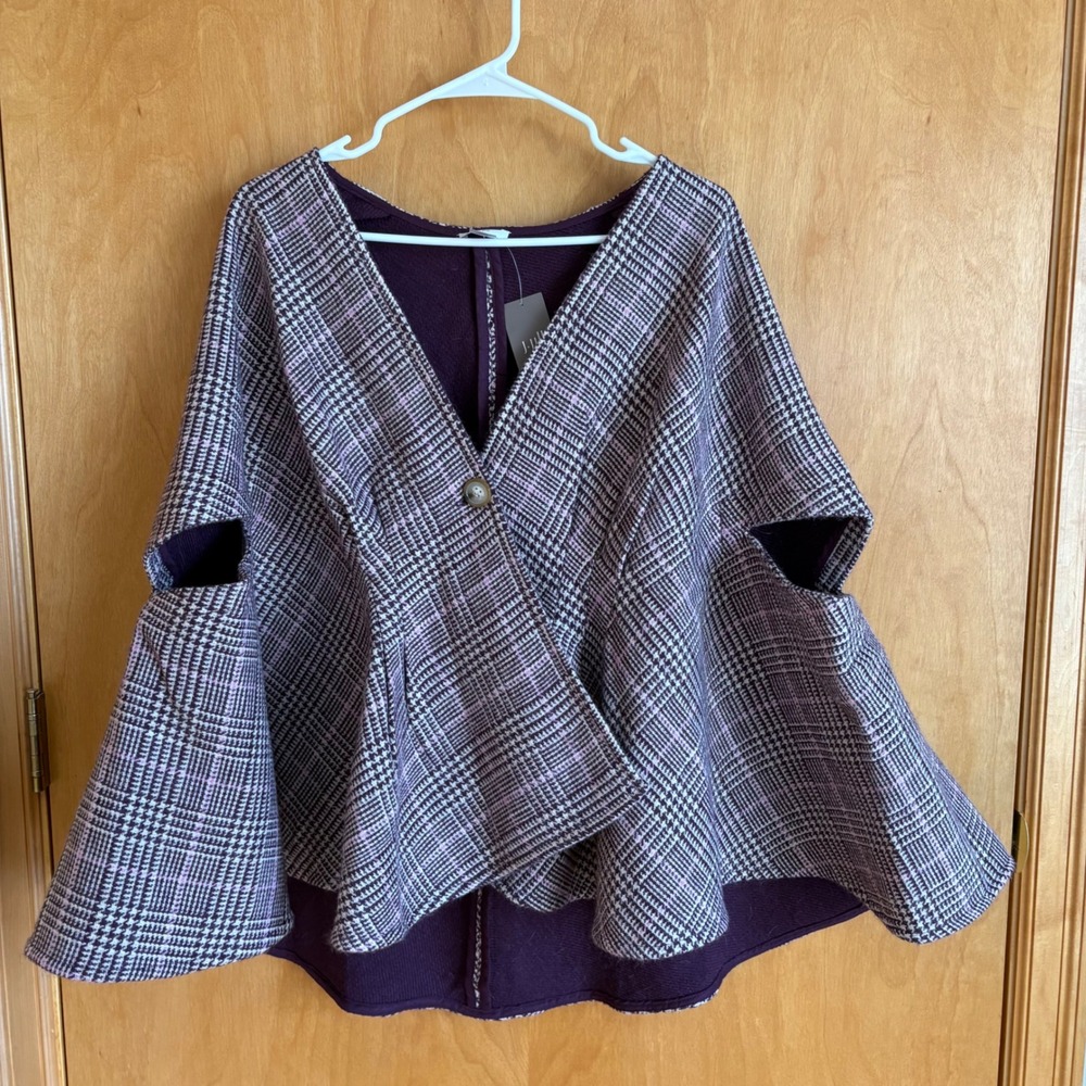 J. Jill Cape Sweater Womens S-L Purple Plaid Single Button Arm Slits New